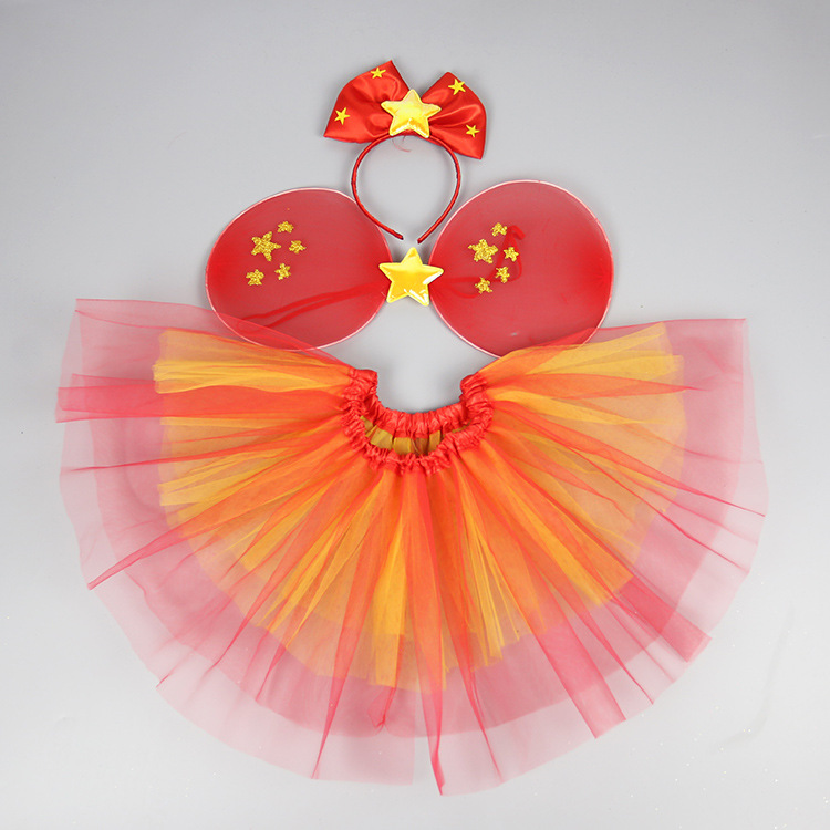 Children's Day National Day Children's Costume Dancing Dress Red Five-Star Tulle Skirt Headband Wings Set