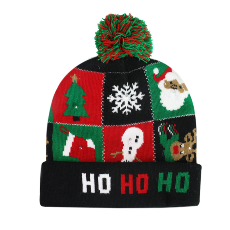 2023 Cross-Border New Arrival Removable Battery Style Colorful Luminous Knitted Hat Santa Claus Led Light Christmas Hat