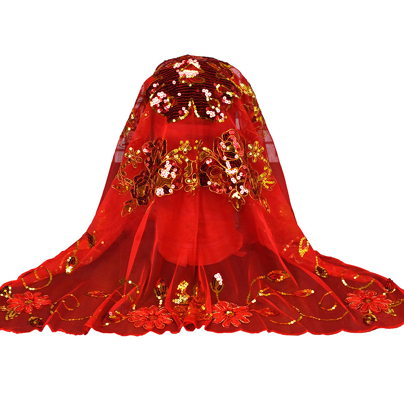 Spot Bridal Veil Sequined Rope Embroidered Rose Silk Wedding Veil Wedding Bright Red Xi Decorations Red Veil Wholesale