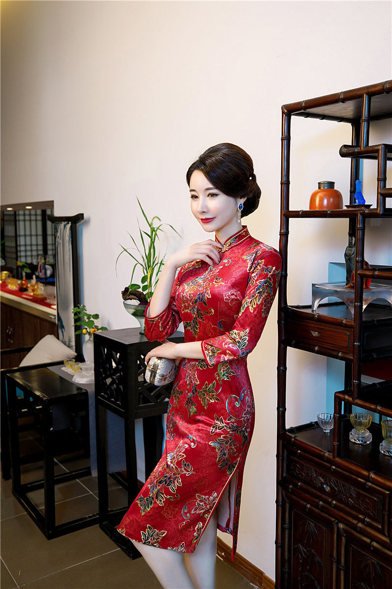 gx复古改良中国风丝绒中袖中长款旗袍2019秋冬新款旗袍