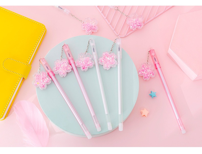 ins少女心流沙亮片樱花挂件中性笔 可爱仙女吊坠笔学生签字笔水笔