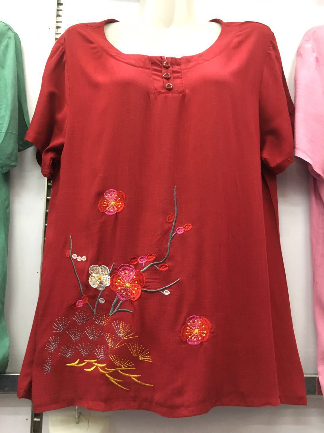 中老年绵绸女夏妈妈家居服刺绣大码人造棉棉绸两件套套装可外穿