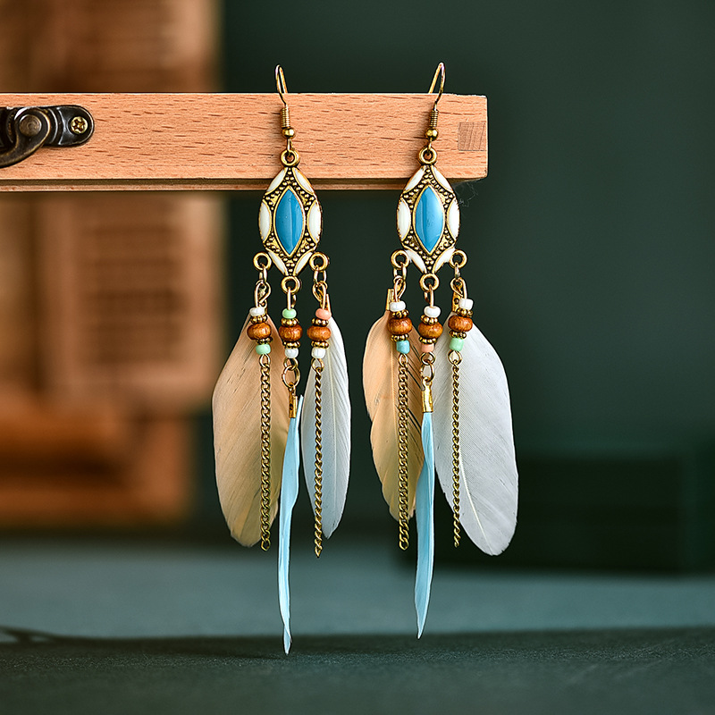 Daisy New Creative Retro Tassel Feather Earrings Women's Long Drop Earrings European and American Bohemian Ornament