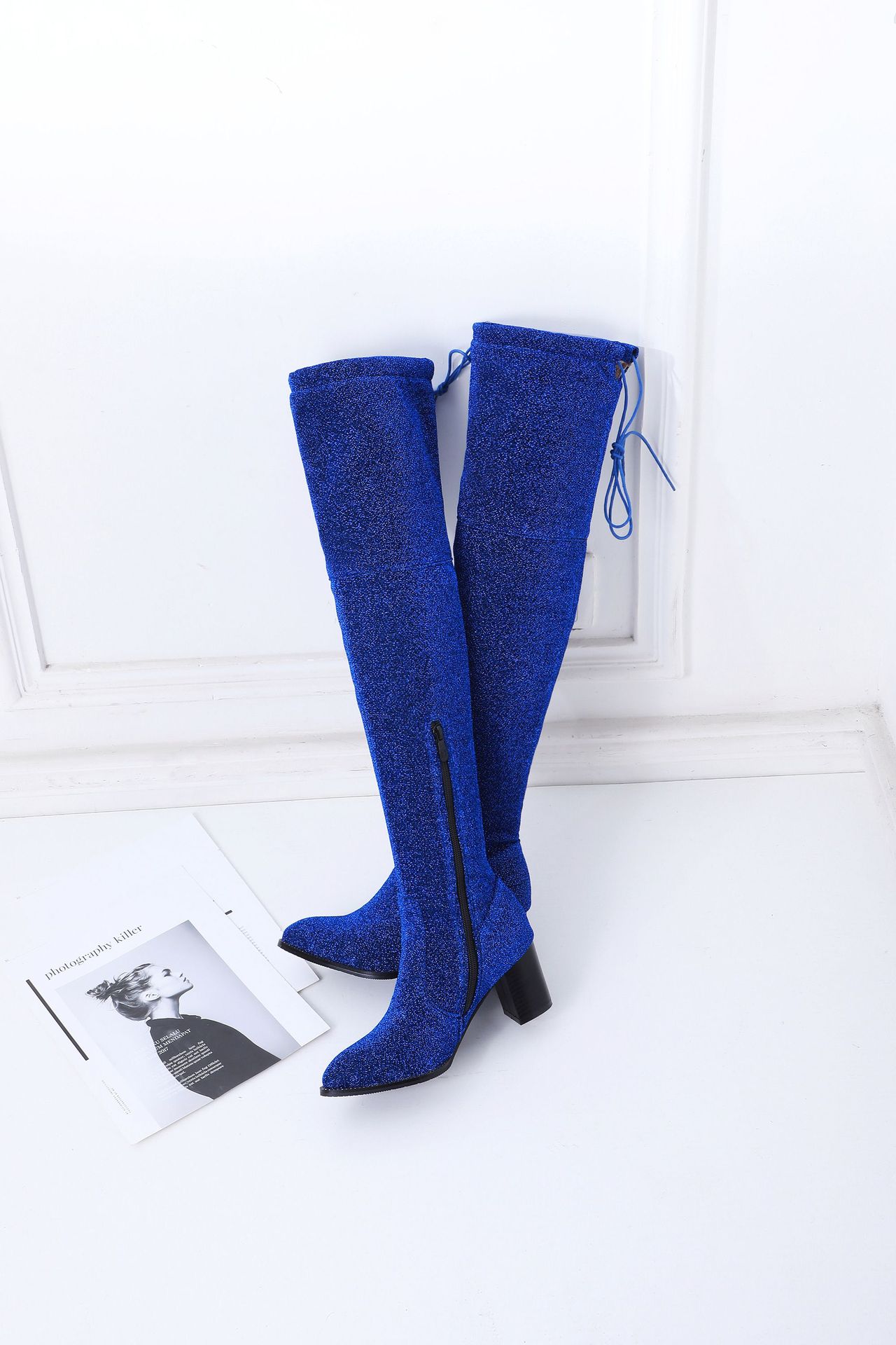 外贸过膝长靴女士秋冬新款高跟欧美金线布面大尺寸40-48码z6-7