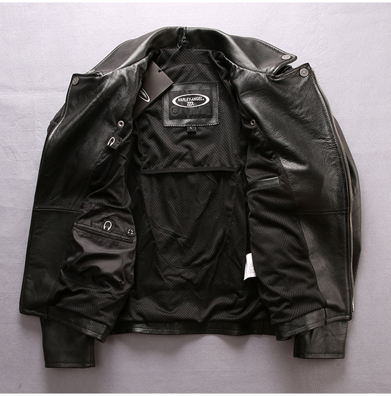 美国哈雷真皮皮衣男翻领斜拉链头层牛皮摩托骑行机车服皮夹克外套