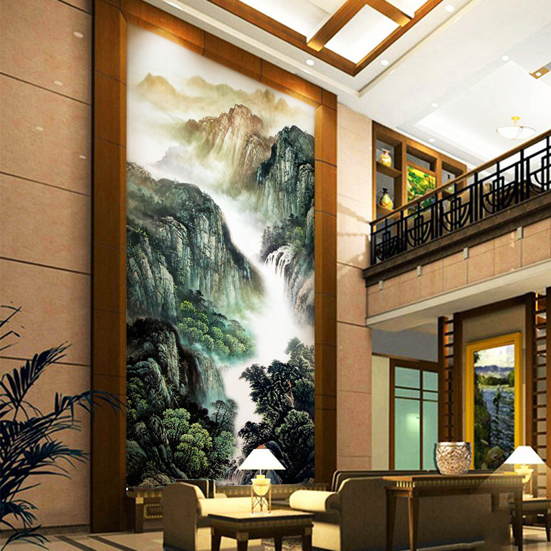 巨幅山水国画电视背景墙壁纸水墨山水别墅大型壁画玄关墙纸定制
