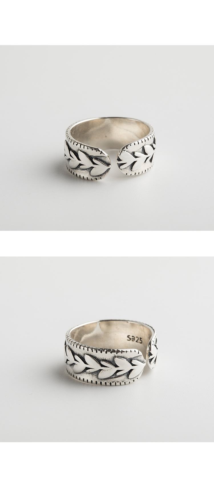 日韩风新款s925纯银戒指女生开口叶子复古银手指环简约潮流银手饰