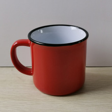 红色釉色口双色马克杯仿搪瓷样式陶瓷杯子加印logo低温红色釉