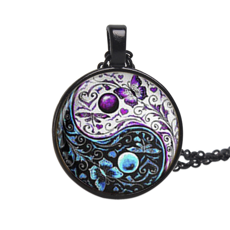 wish热卖时光宝石蝴蝶阴阳太极图案欧美速卖通新款吊坠毛衣链批发