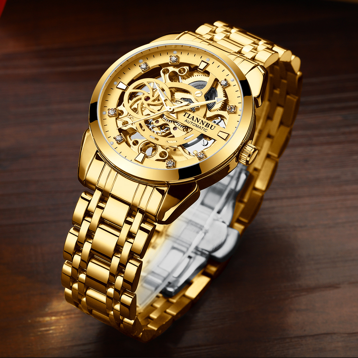 正品全自动机械男士手表镶钻夜光防水钢带蝴蝶扣陀飞轮手表男