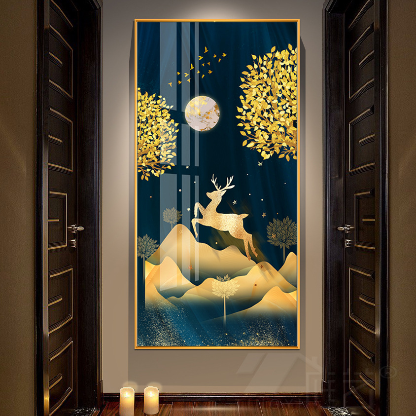 入户玄关装饰画现代过道走廊招财风水发财鹿壁画晶瓷客厅竖版挂画