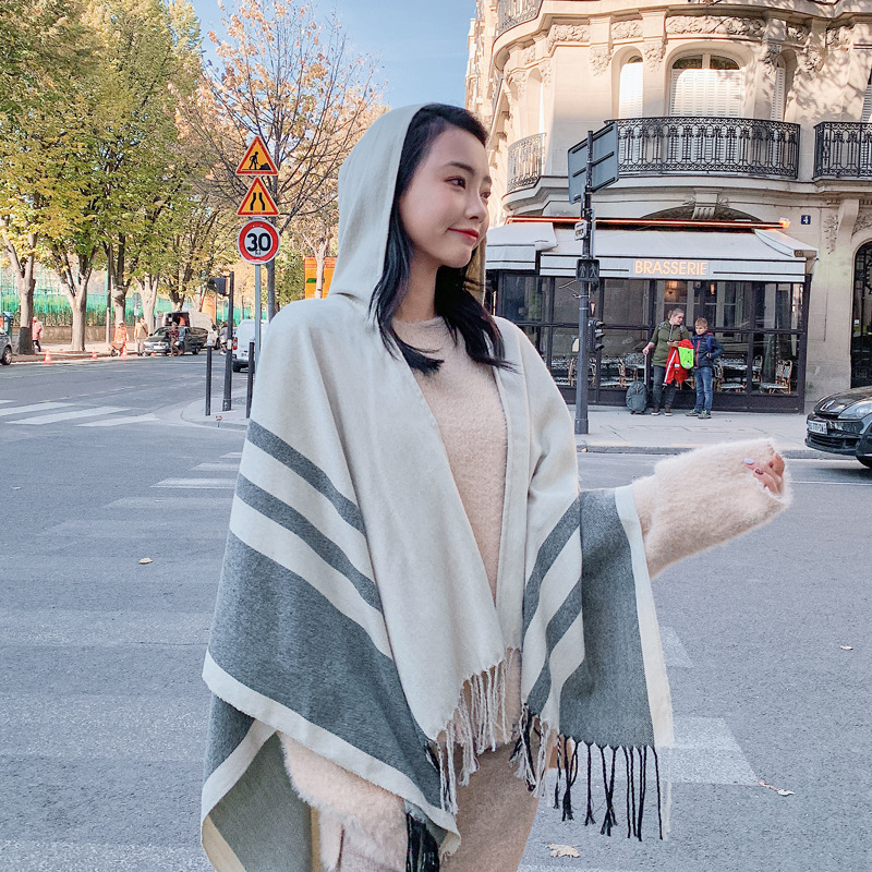 Ethnic Style Talma Cloak Dual Purpose Scarf Cashmere-like Parallel Bars Warm Cloak Female Desert Travel Thickened