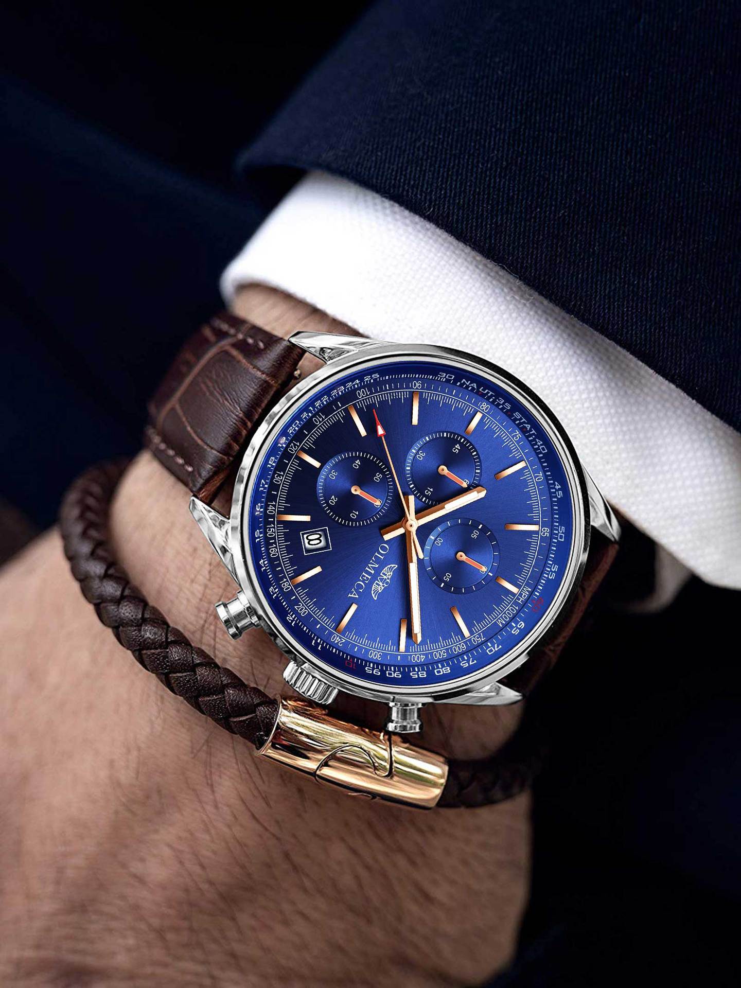 olmeca锗石保健磁疗能量手表多功能运动不锈钢蓝宝石男士手表