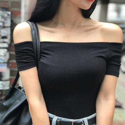 黑色露背t恤女夏短袖紧身漏肩一字肩上衣韩版时尚修身显瘦打底衫