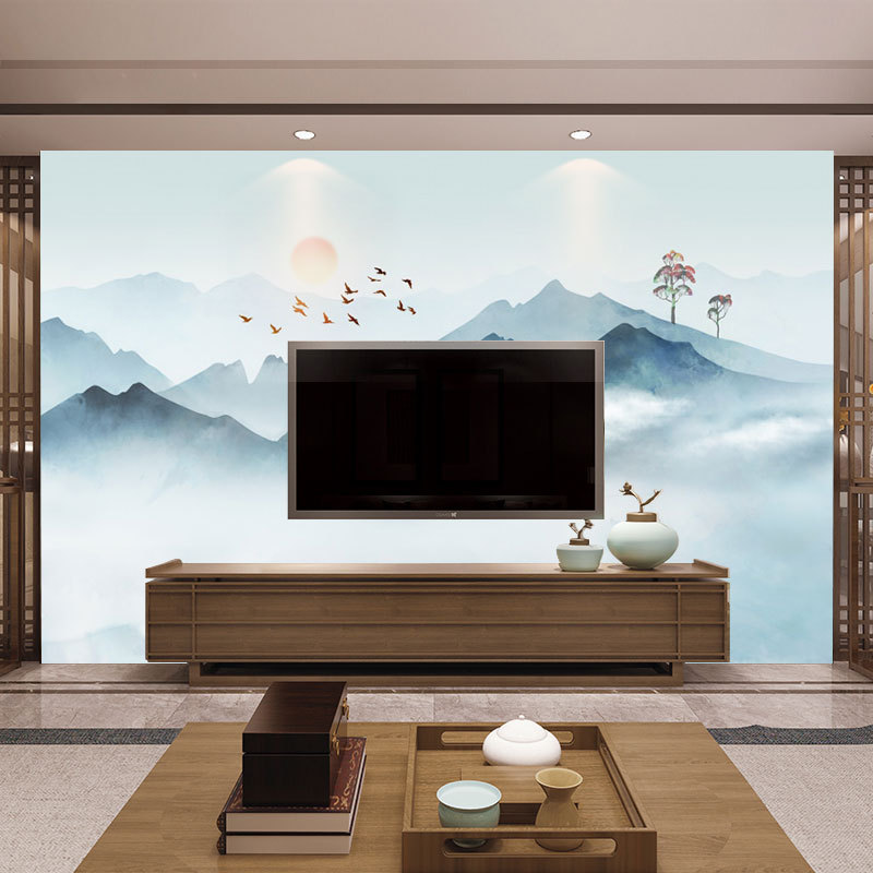 3d新中式水墨画山水电视背景墙中国风禅意壁纸山水风景客厅背景墙