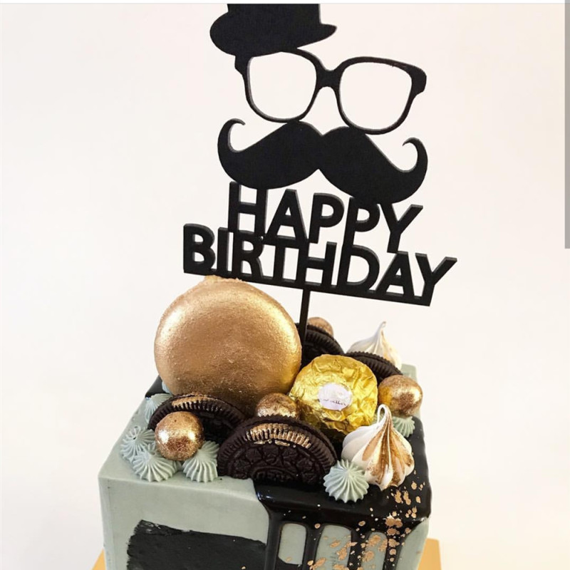 版权 新品礼帽胡子男士生日快乐 爸爸生日快乐亚克力蛋糕装饰插牌