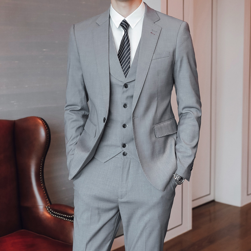 新款韩版潮男时尚净色西装三件套商务男休闲秋冬英伦修身西服套装