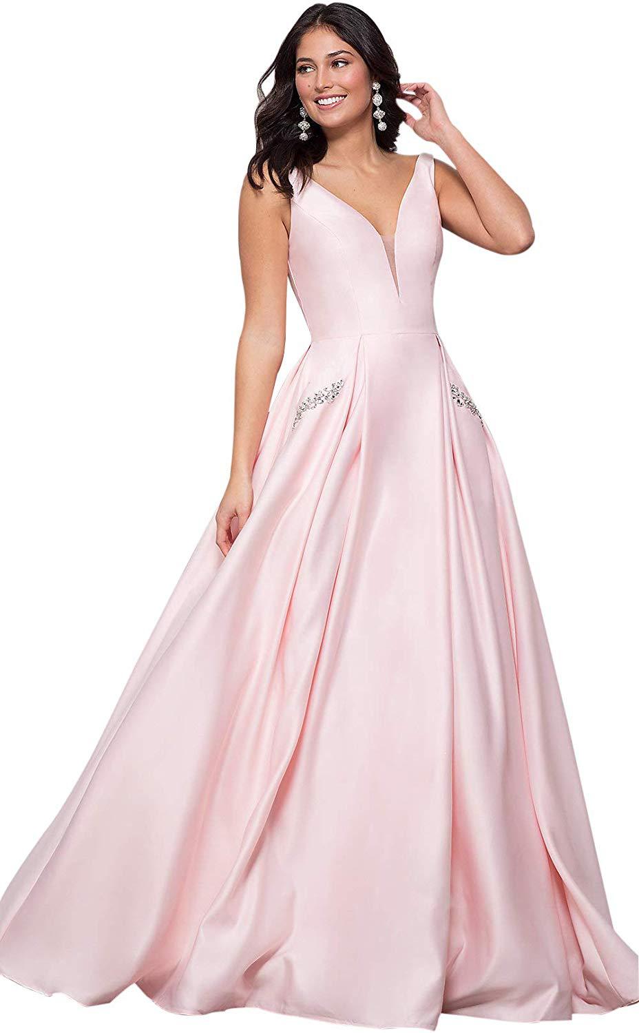 欧美晚礼服亚马逊时尚女式露背修身缎面长款舞会礼服带口袋伴娘服