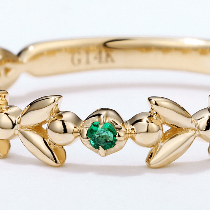 日本轻奢14k黄金橄榄枝桂冠戒指女森女风镶天然祖母绿精工k金手饰