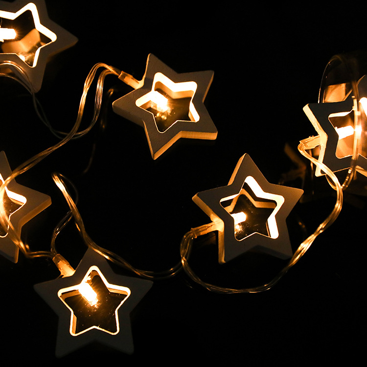 1.5米10头木质星星造型灯串 节日室内装扮电池盒小彩灯串常亮闪烁