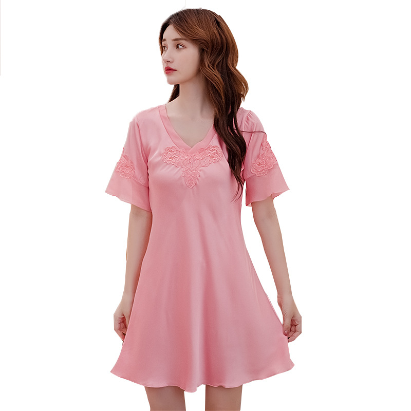 Nightdress Women's Summer Ice Silk Short Sleeve Korean Style Sweet Women's Pajamas Thin Cute Loose Home Wear Spring and Autumn 181