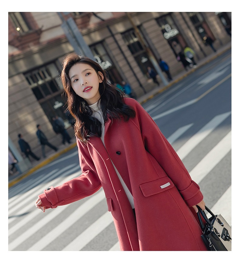 实拍ins西瓜红学院风贴标翻领单排扣宽松大码羊毛呢子大衣外套女