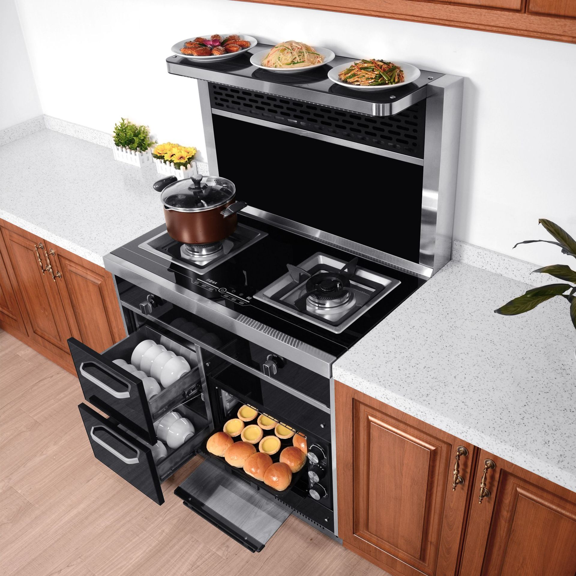 厂家直销集成灶自动清洗顶部加热猛火900美一体式蒸烤箱猛火灶大