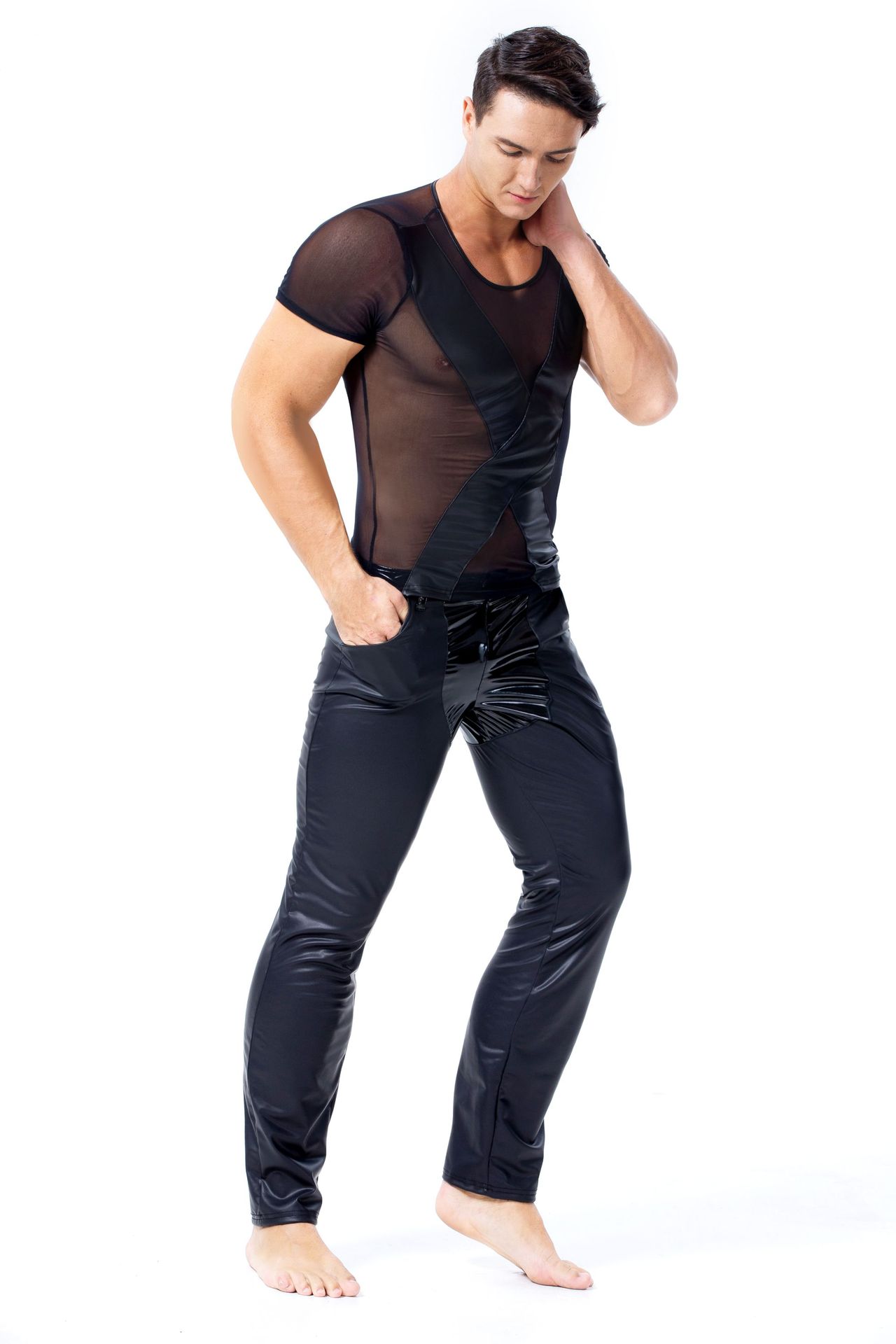 摇滚演出皮裤欧美男士拼接性感皮质长裤紧身漆皮男装6028