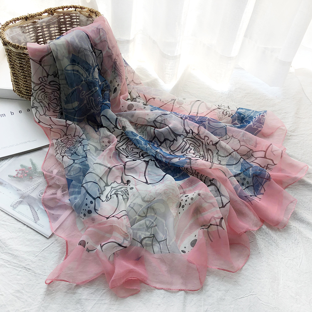 冰丝丝巾女2021夏季花卉印花防晒围巾装饰纱巾海边遮阳沙滩巾批发