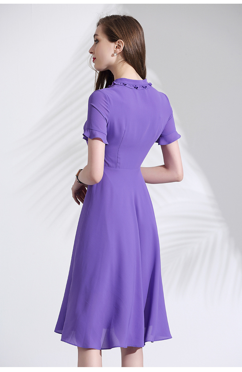 嘉瓦娜裙子夏2019新款短袖淡紫色连衣裙气质显瘦减龄雪纺裙中长款