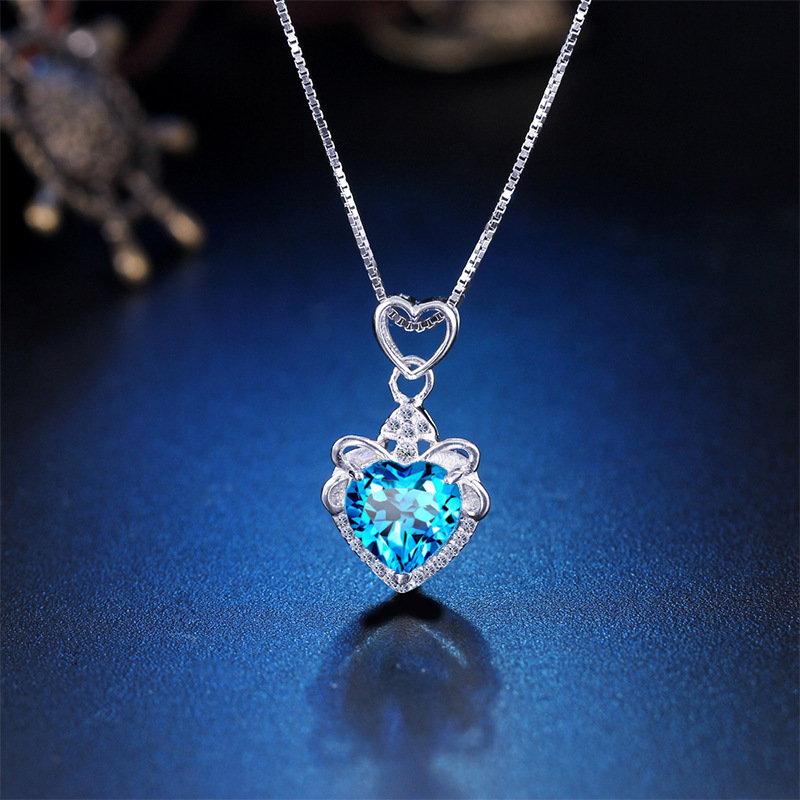 蓝色水晶心形项链采用施华洛元素925纯银吊坠爱一见倾心饰品定制