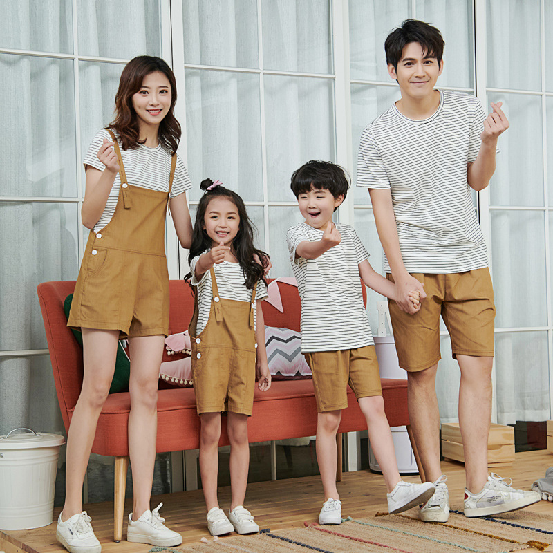爱乐u2021夏季新款一家四口三口家庭亲子装母女装 背带裤