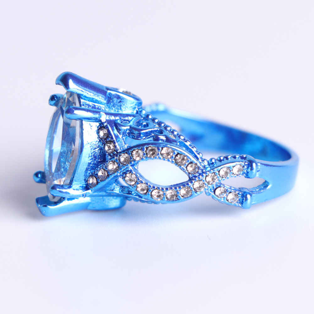 wish热销新款首饰 欧美时尚蓝金女戒 高档锆石镀真金戒指饰品批发