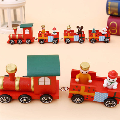 新款创意圣诞木质小火车30cm轮子可动橱窗桌面装饰摆件一件代发
