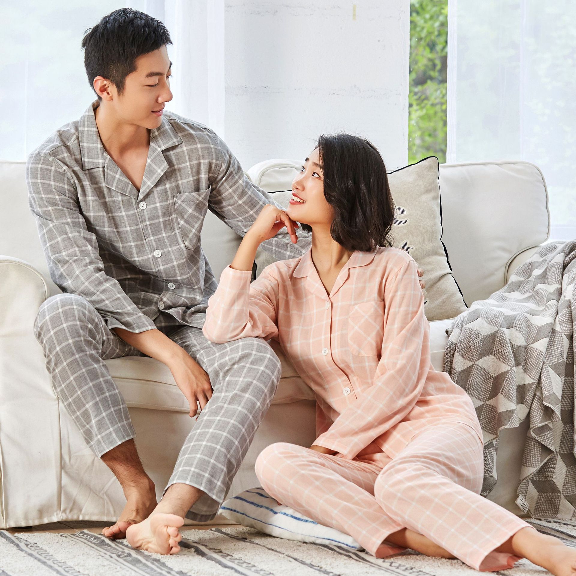 kimo linpo纯棉双层纱布睡衣男女情侣长袖长裤格纹家居服套装无印