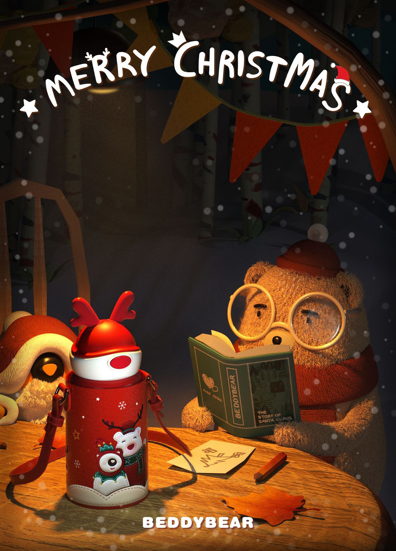 韩国杯具熊圣诞杯儿童保温杯19年圣诞节新款鹿角杯吸管两用水杯壶