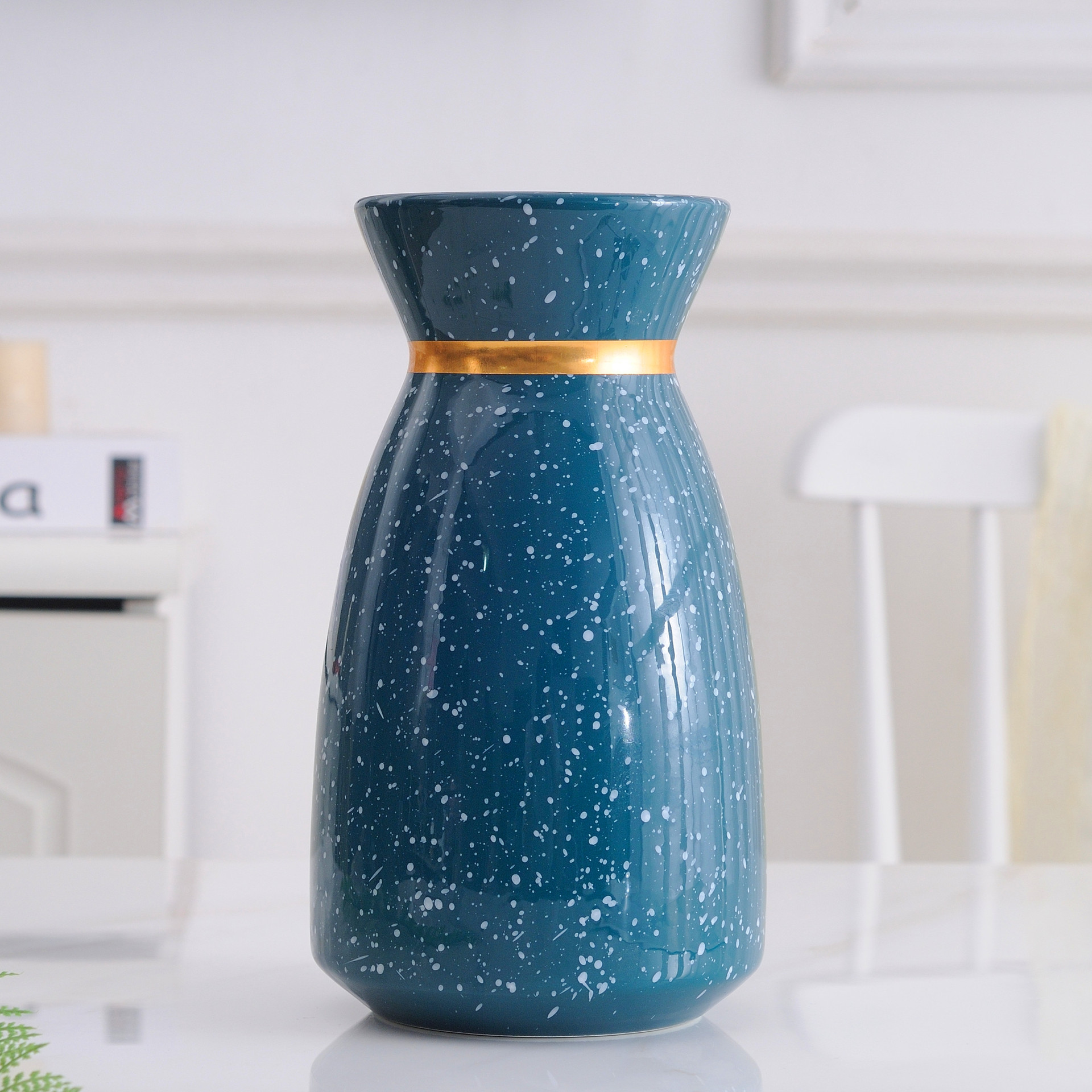 简约现代简轻奢风藏蓝青金色陶瓷花瓶花器家居软装饰摆件工艺品