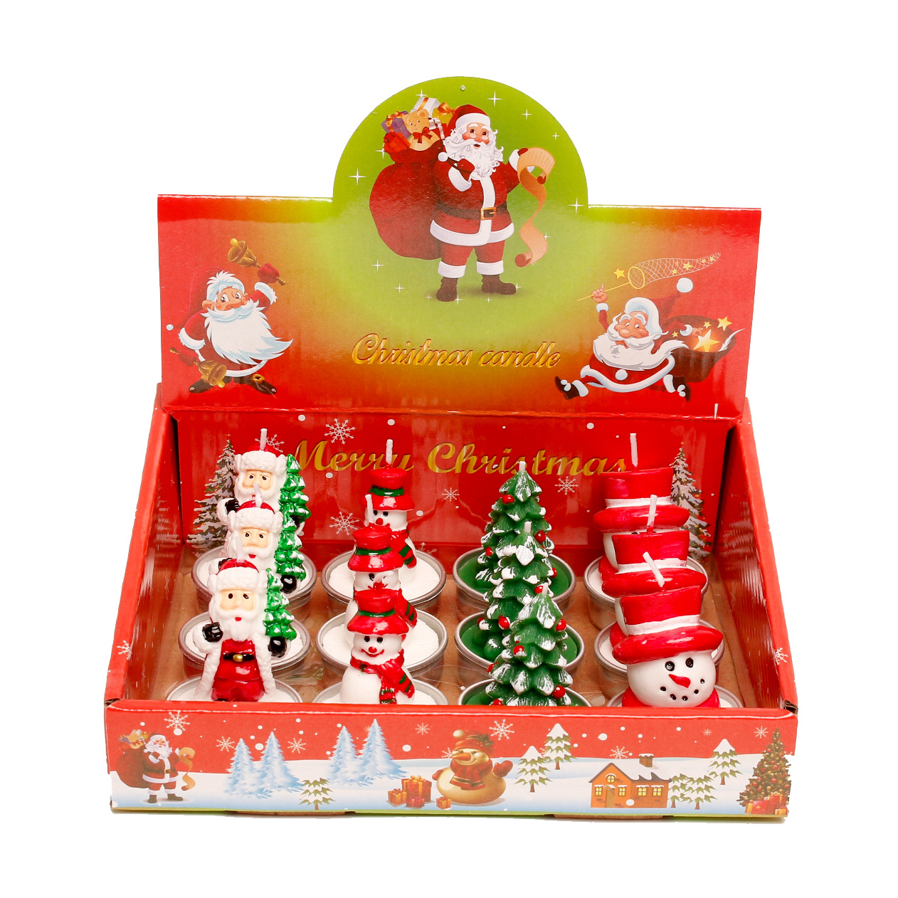 12 Gift Set Christmas Candles Craft Painted Aluminum Case Snowman Old Man Christmas Tree Tealight Birthday Candles