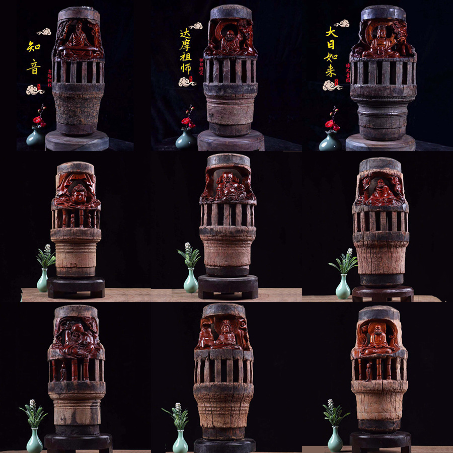 缅甸花梨车轴手工雕刻摆件风华木轮轴老物件车轱辘佛像镇宅摆件