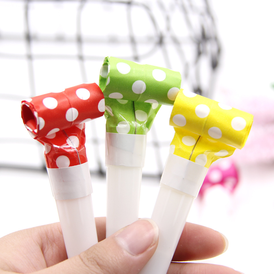 6支装 6cm彩色圆点吹龙纸制吹龙卷 创意口哨儿童玩具派对庆祝用品