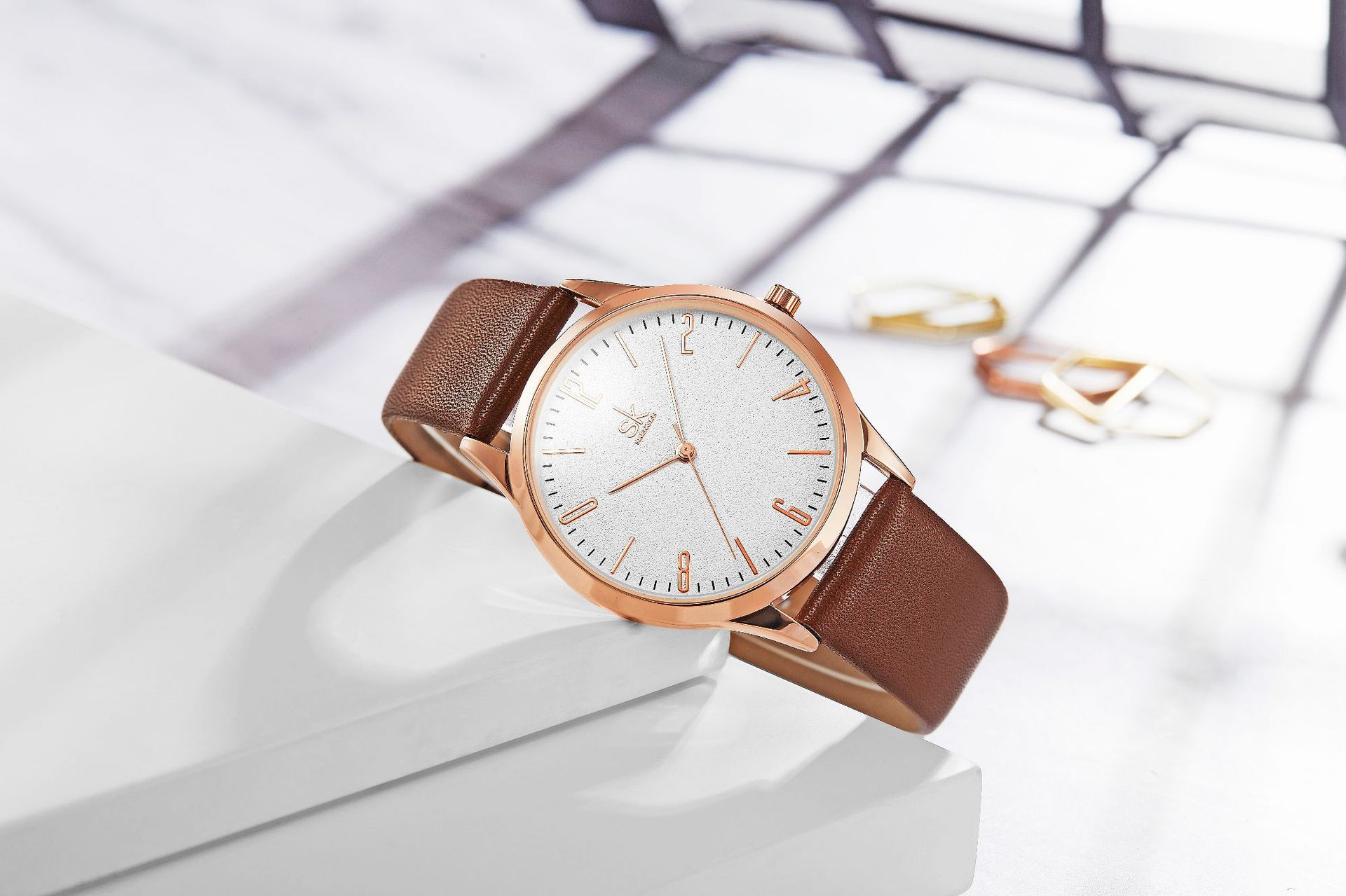 胜刻sk经典大表盘情侣手表 皮带款石英表 数字男女对表型号9003