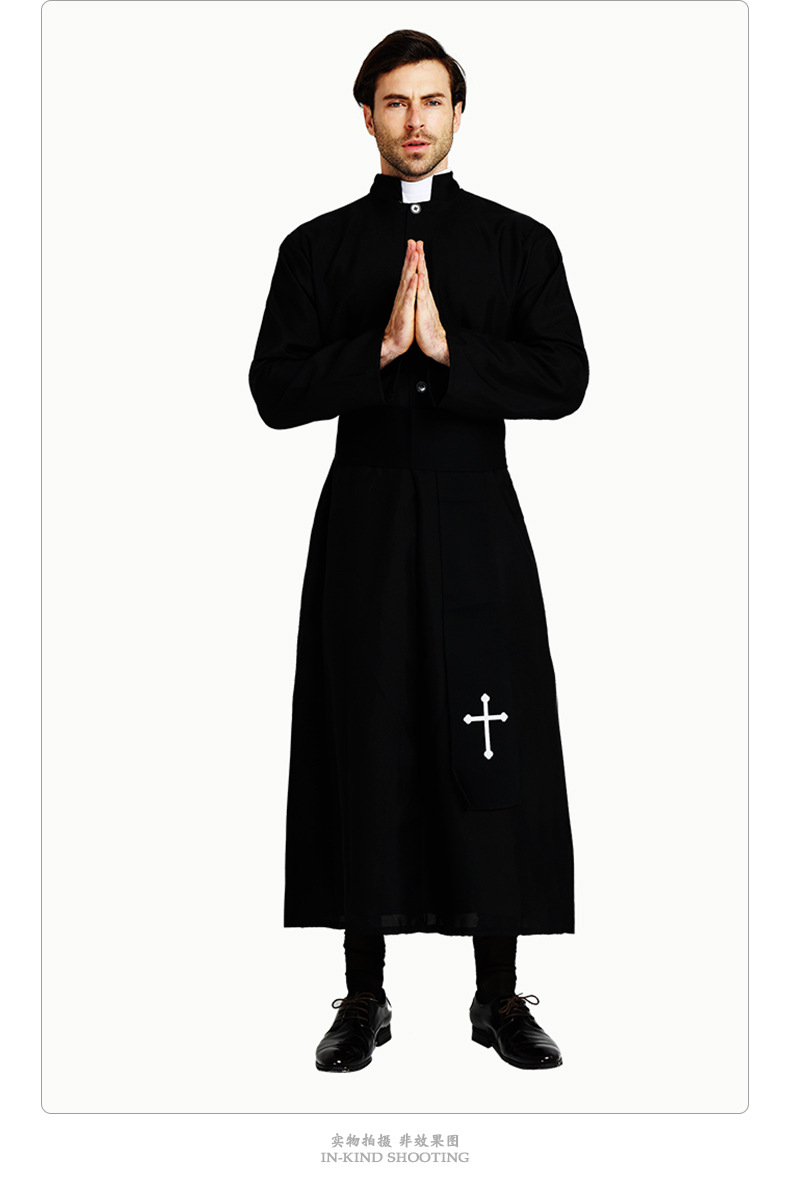 万圣节服饰话剧舞台表演服男高贵黑长袍神父西方派对角色扮演服装