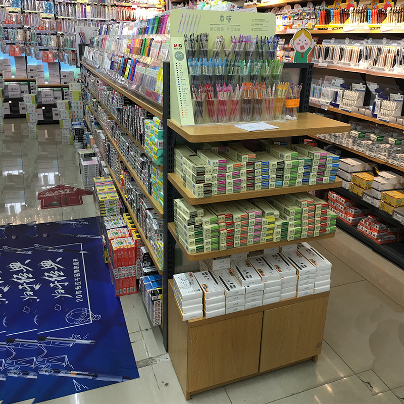 文具店货架定制钢木文具展示架母婴饰品文具日用家居精品陈列架