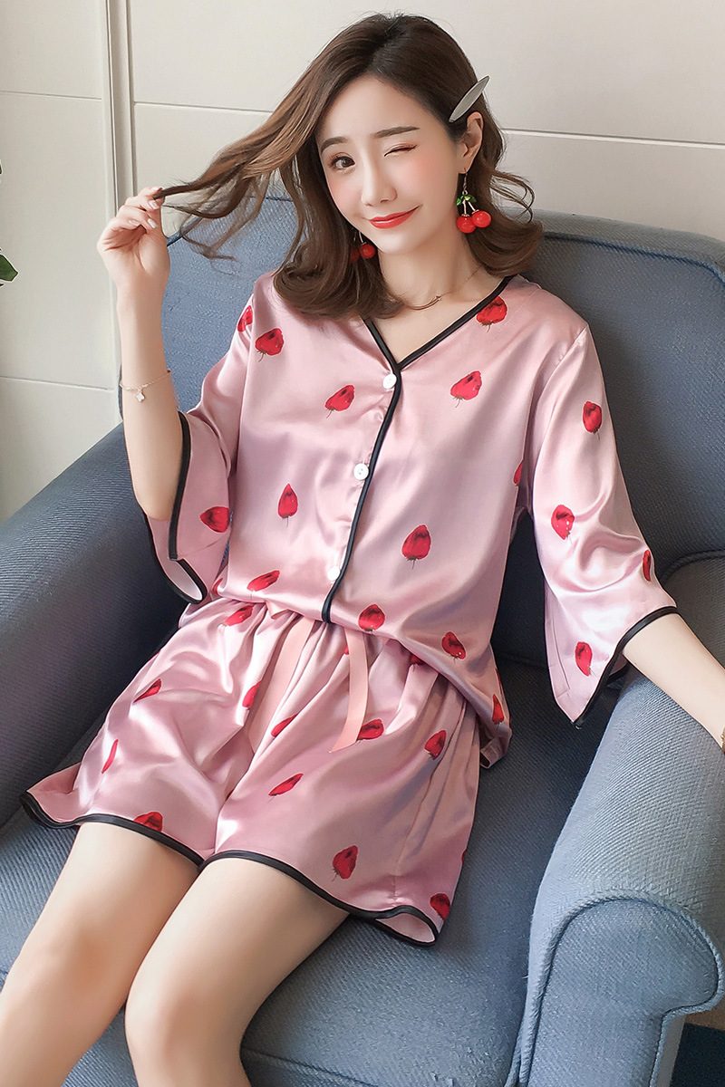 夏季冰丝睡衣女短袖开扣仿真丝绸薄款女人套装女士韩版家居服批发