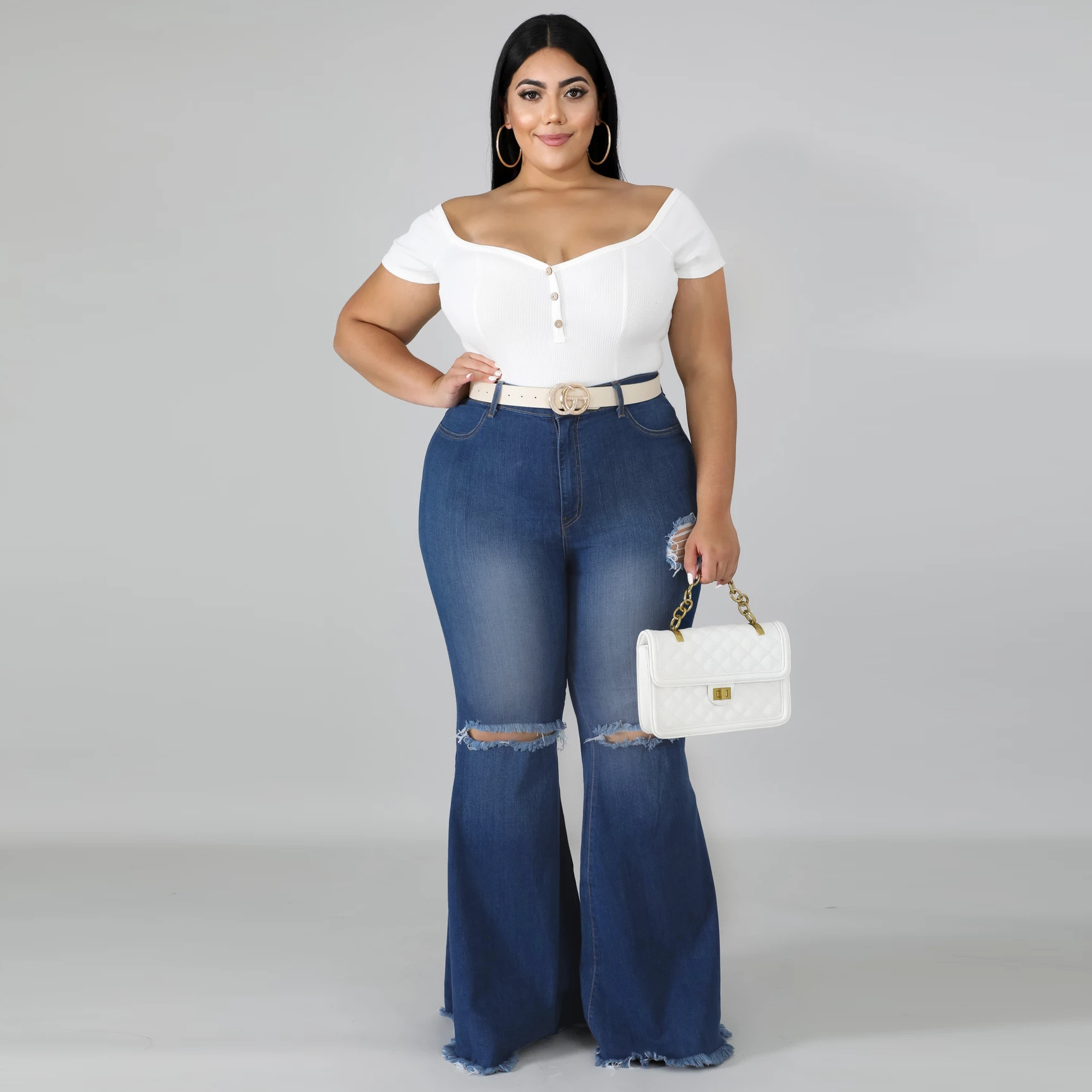 跨境hsf2108欧美性感时尚膝盖破洞弹力修身牛仔 大码胖mm喇叭裤