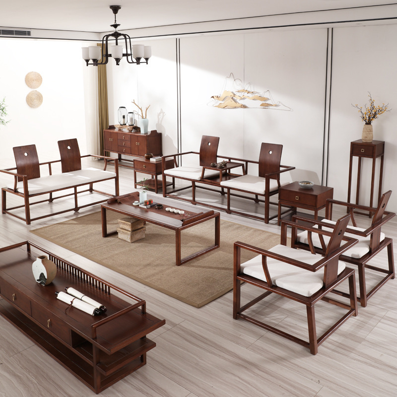 新中式沙发组合禅意客厅酒店别墅民宿家具后现代中式实木沙发整装