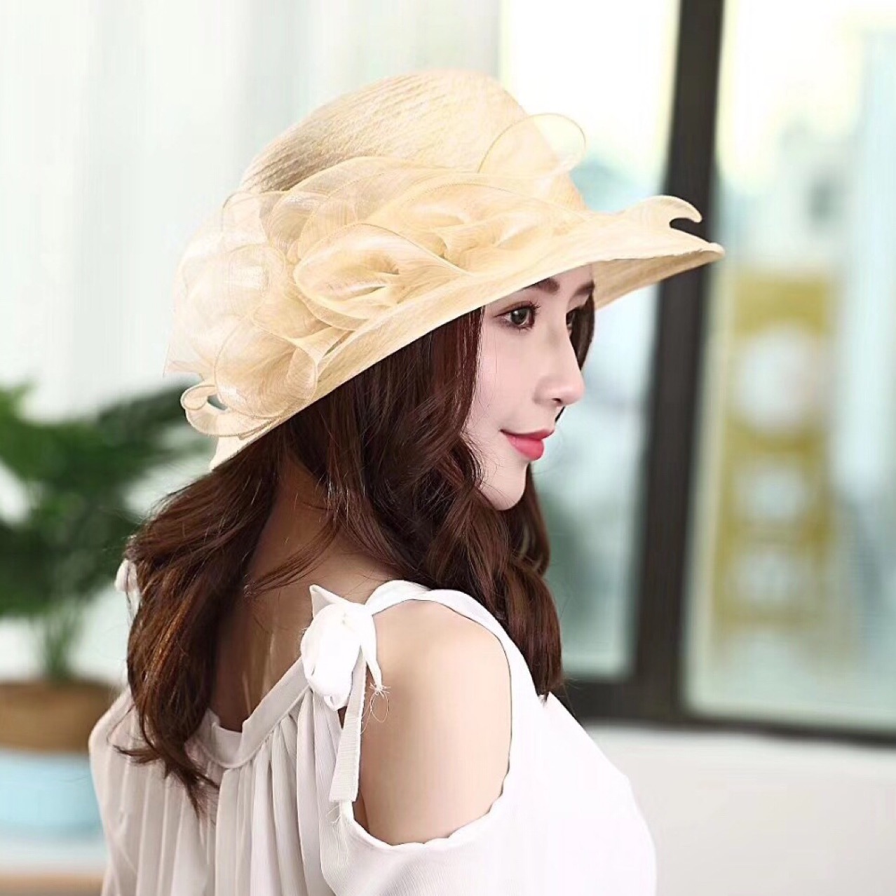 凉帽女欧根纱大沿太阳帽子夏天盆帽网纱海边沙滩帽优雅中年防晒帽