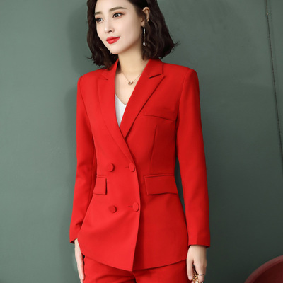 大红色职业装套装时尚洋气英伦风双排扣女外套ol休闲气质西装正装