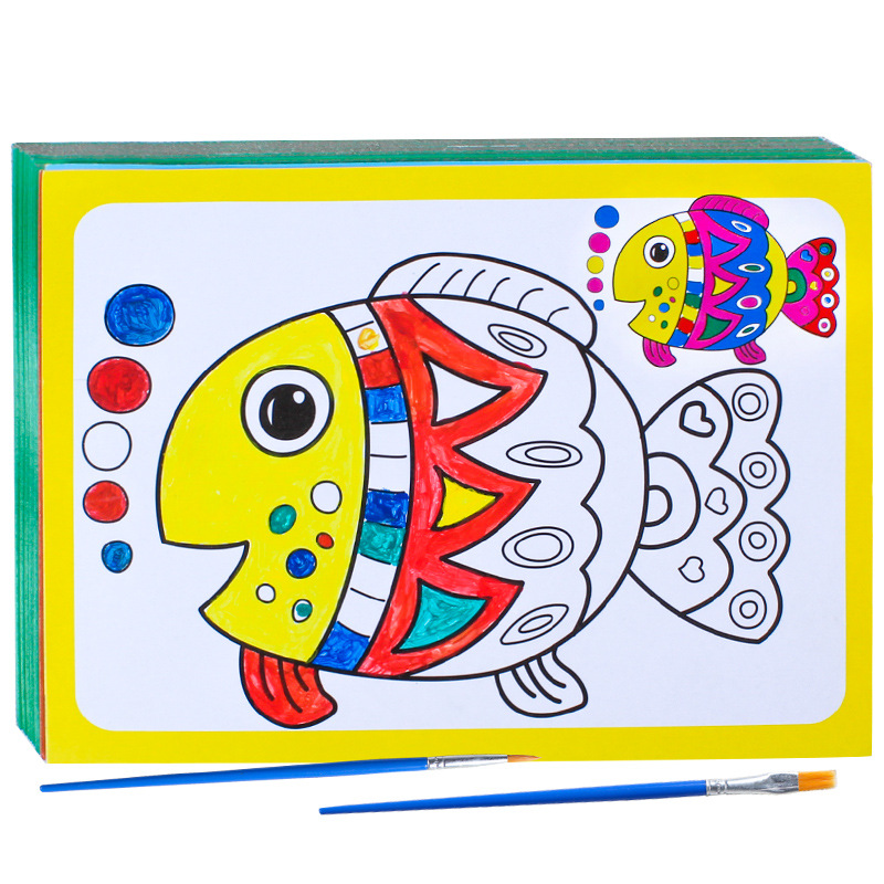 批发儿童六连水彩画填色画颜料画涂鸦套装幼儿园画画涂色画卡