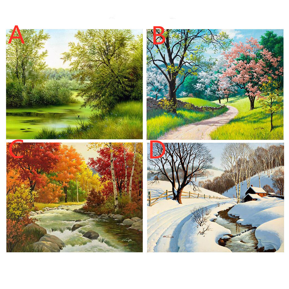 5d满钻点钻画秋季风景画满钻欧式亚马逝森林树节日4件装